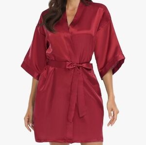 FADTOP Wine Red Satin Short Sliky Kimono Robe Size XL